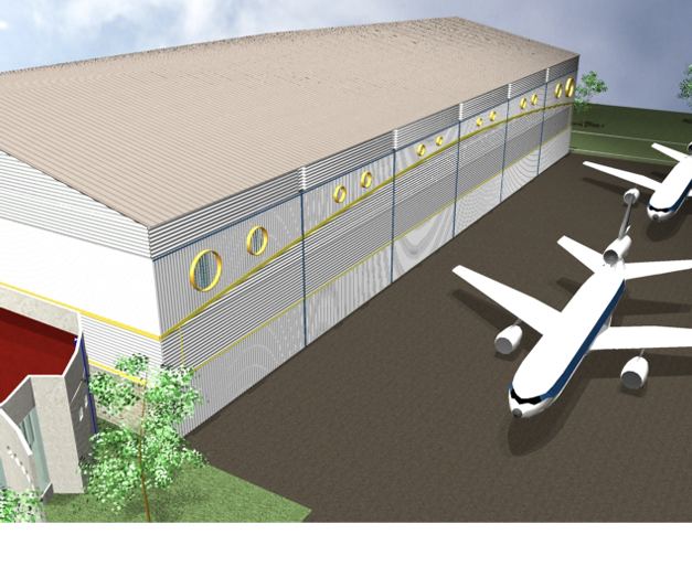 Render del hangar y terminal aérea